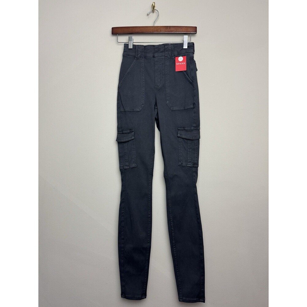 Spanx Womens Stretch Twill Cargo Leggings Size XS Tall Pants Pockets Gray Cotton